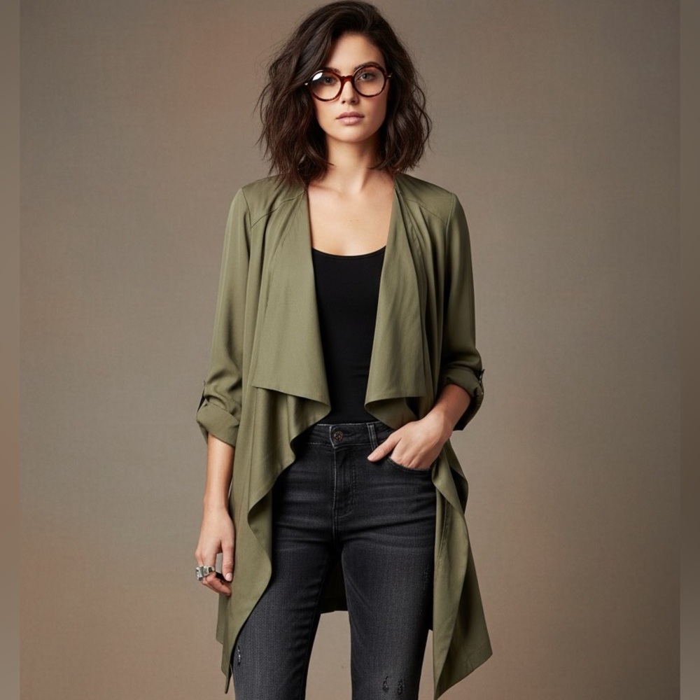 Olive Green Waterfall Jacket for Fall with Rolled Sleeves